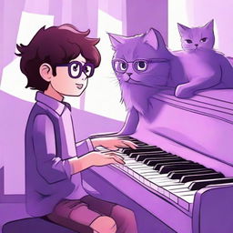 A boy with wavy long hair and glasses playing a piano, accompanied by his cat on a sofa, under dim purple lighting.