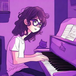 A boy with wavy long hair and glasses playing a piano, accompanied by his cat on a sofa, under dim purple lighting.