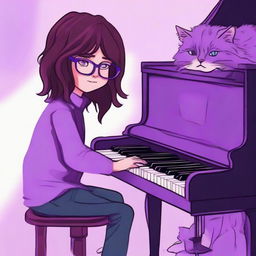 A boy with wavy long hair and glasses playing a piano, accompanied by his cat on a sofa, under dim purple lighting.