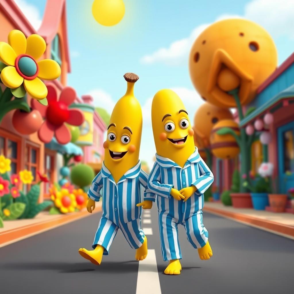 Two anthropomorphic bananas, dressed in classic blue and white striped pajamas, playfully walking down a colorful, cartoonish street