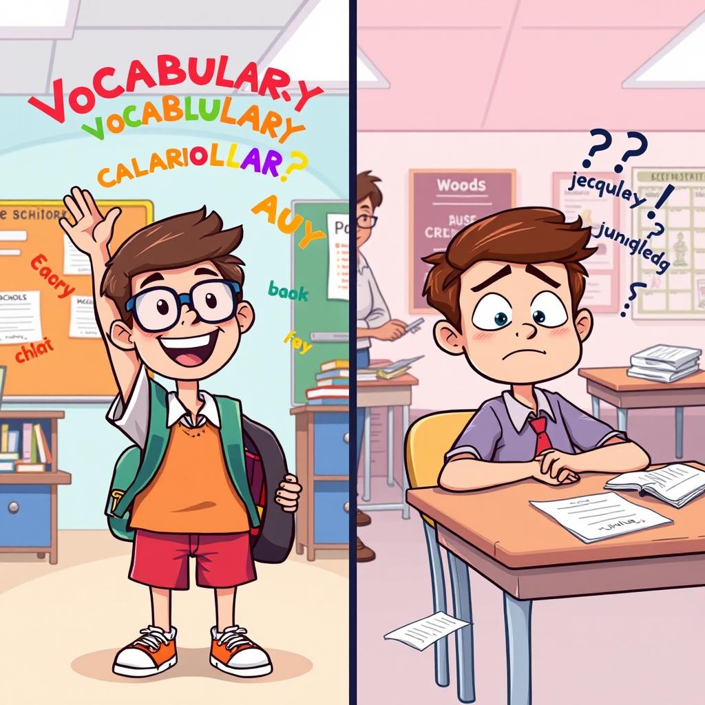 A split-panel cartoon illustrating two students in a classroom setting