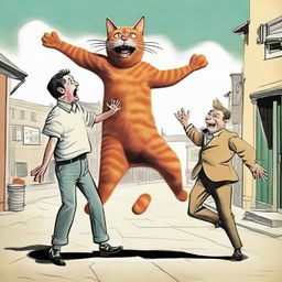 A giant, vivacious cat humorously kidnapping a surprised man