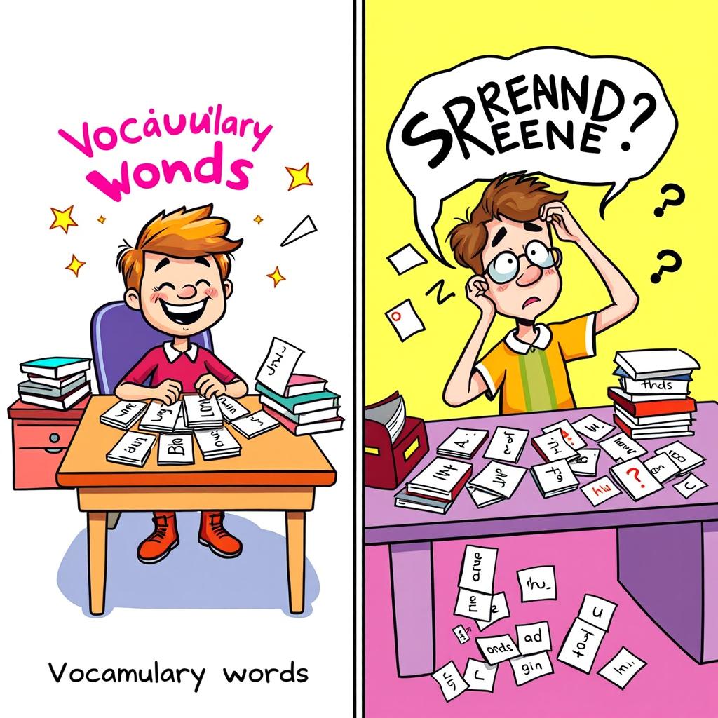 A colorful cartoon split into two panels