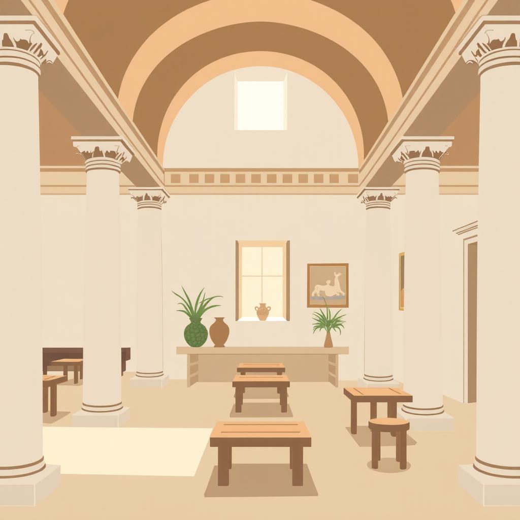 A minimalistic graphic illustration of an antique cafe set in ancient Greece