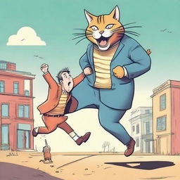 A giant, vivacious cat humorously kidnapping a surprised man