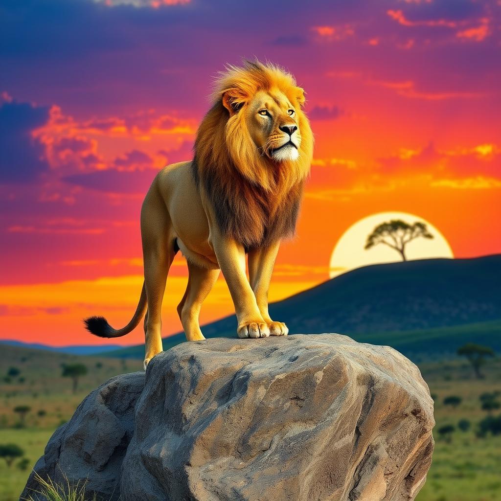 A majestic lion standing on a rocky outcrop, its golden mane flowing in the breeze, set against a vibrant sunset sky