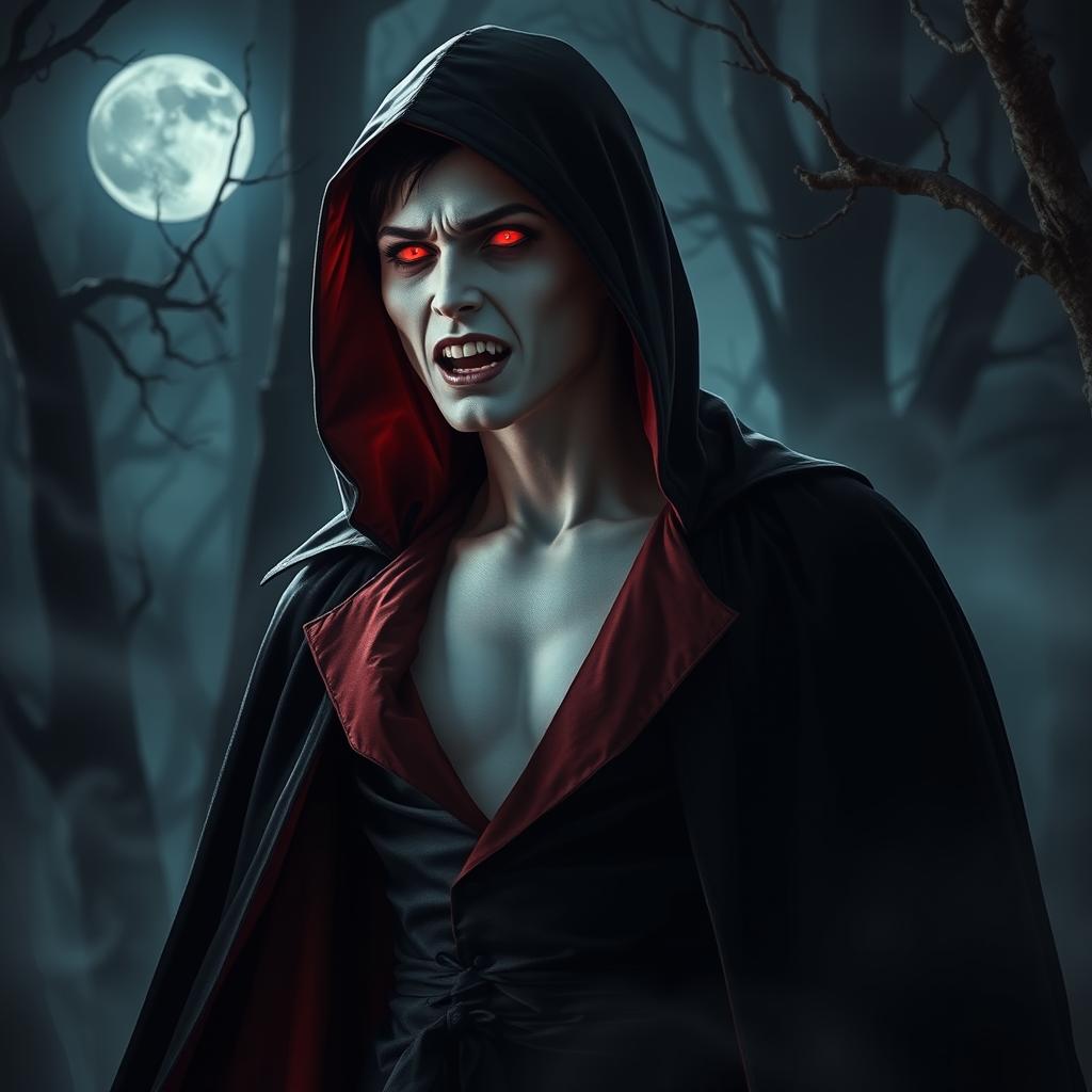 A mysterious and captivating vampire standing in a dark, misty forest
