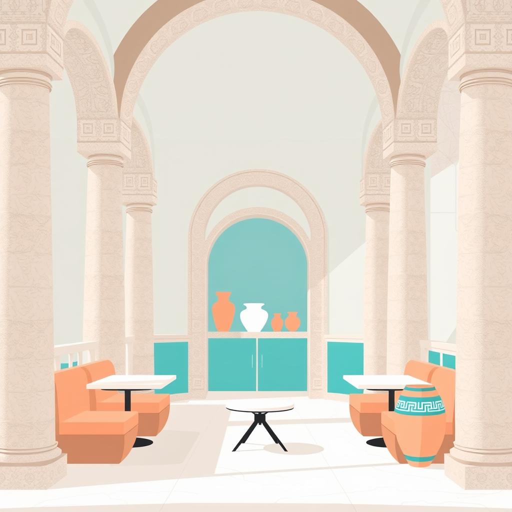 A minimalistic graphic image depicting the interior of an ancient Greek cafe from the Hellenistic era