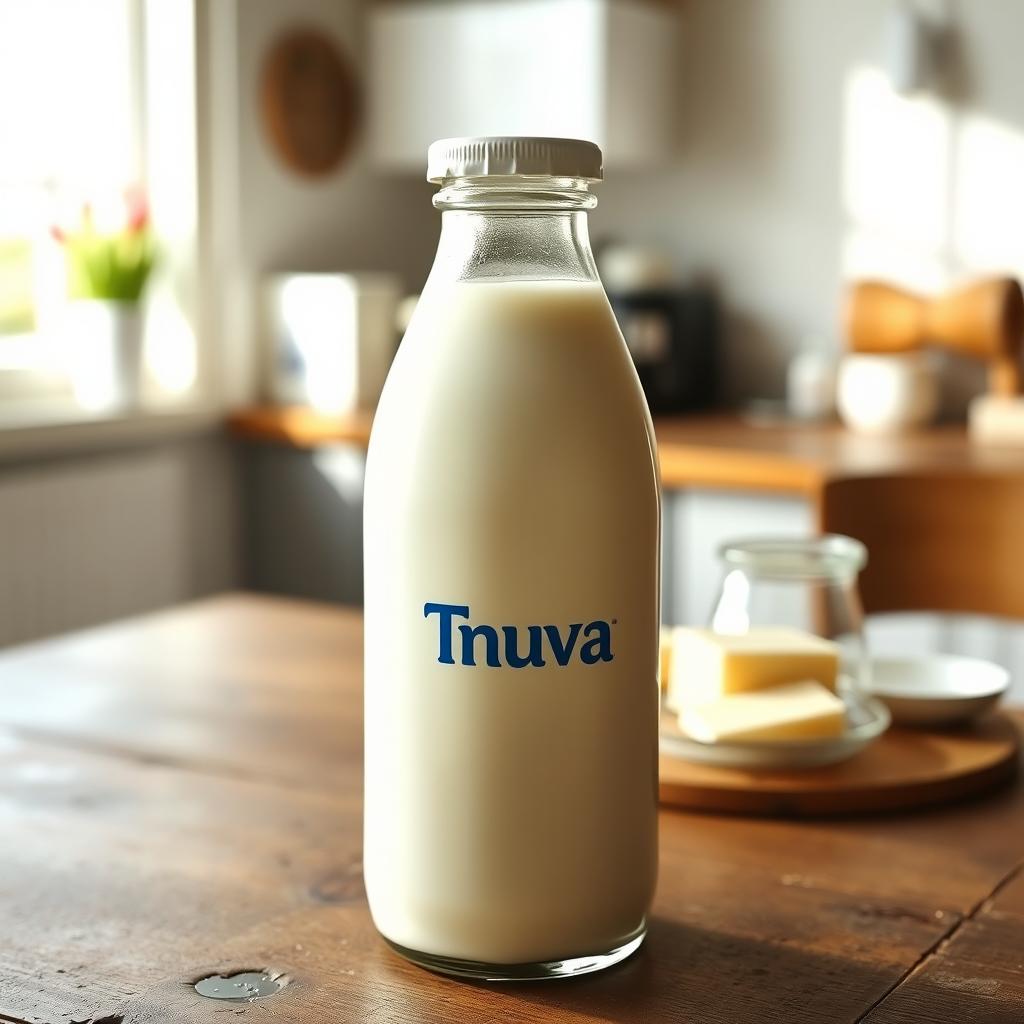 A transparent glass milk bottle with a white cap, featuring the Tnuva logo prominently on the front