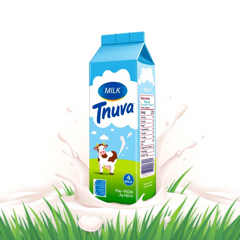 A colorful, playful illustration of a Tnuva milk carton bottle, featuring the iconic logo and branding of the Tnuva company