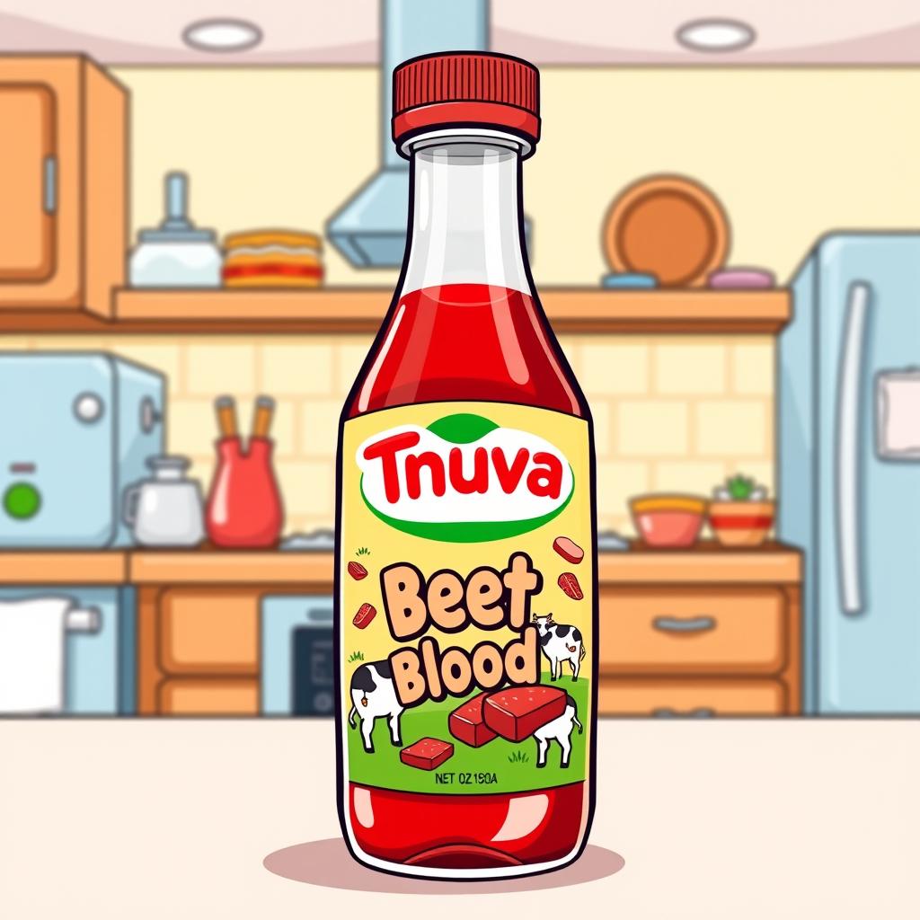 A cartoon-style bottle of Tnuva company beef blood, featuring a cheerful, stylized design