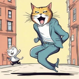 A giant, vivacious cat humorously kidnapping a surprised man