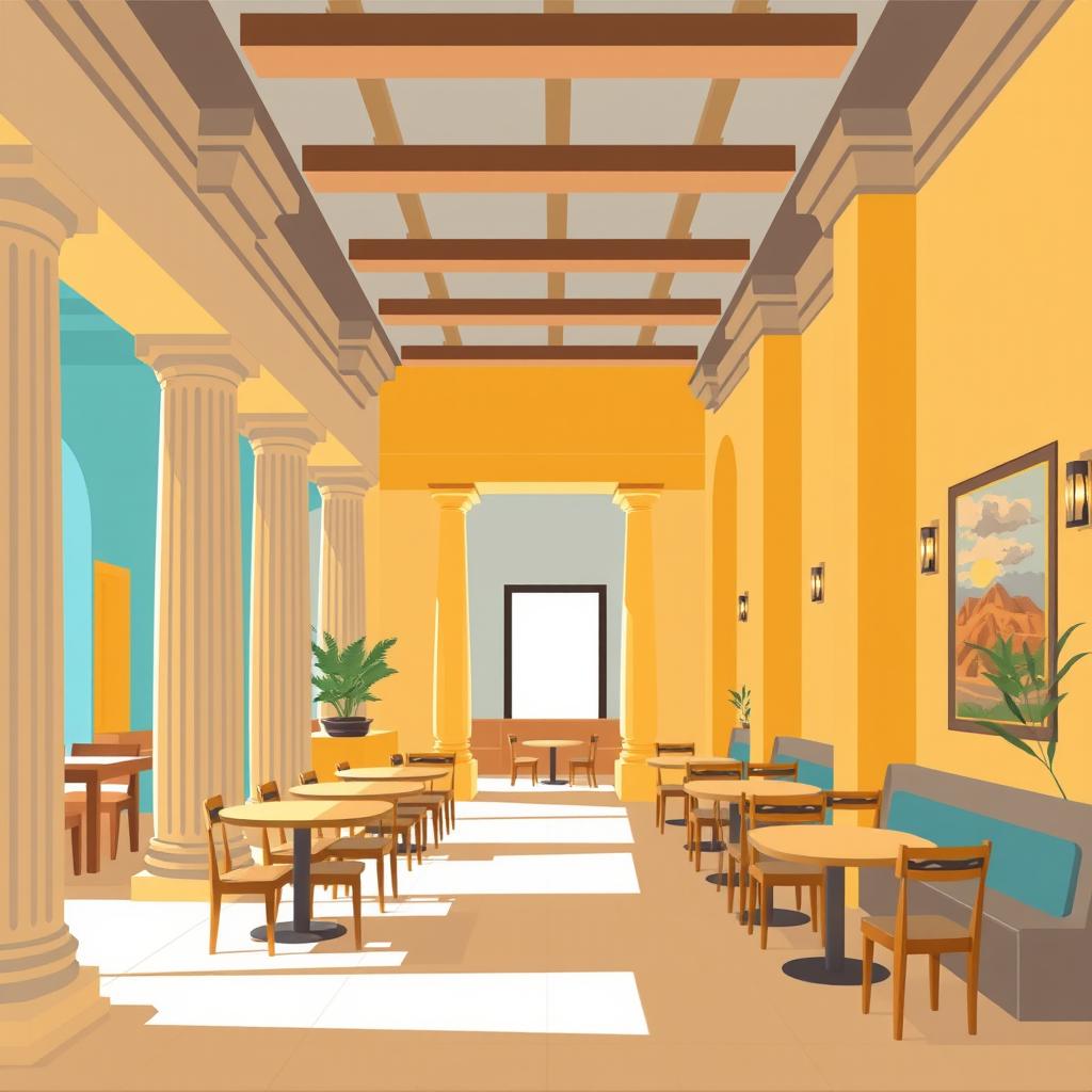 A graphic minimalistic yet bright and qualitative depiction of the interior of an ancient cafe inspired by the Hellenistic era of ancient Greece