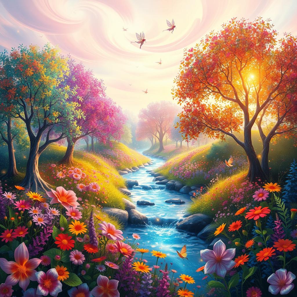 A dreamy and enchanting magical landscape, featuring a vibrant forest filled with whimsical trees, their leaves shimmering with iridescent colors