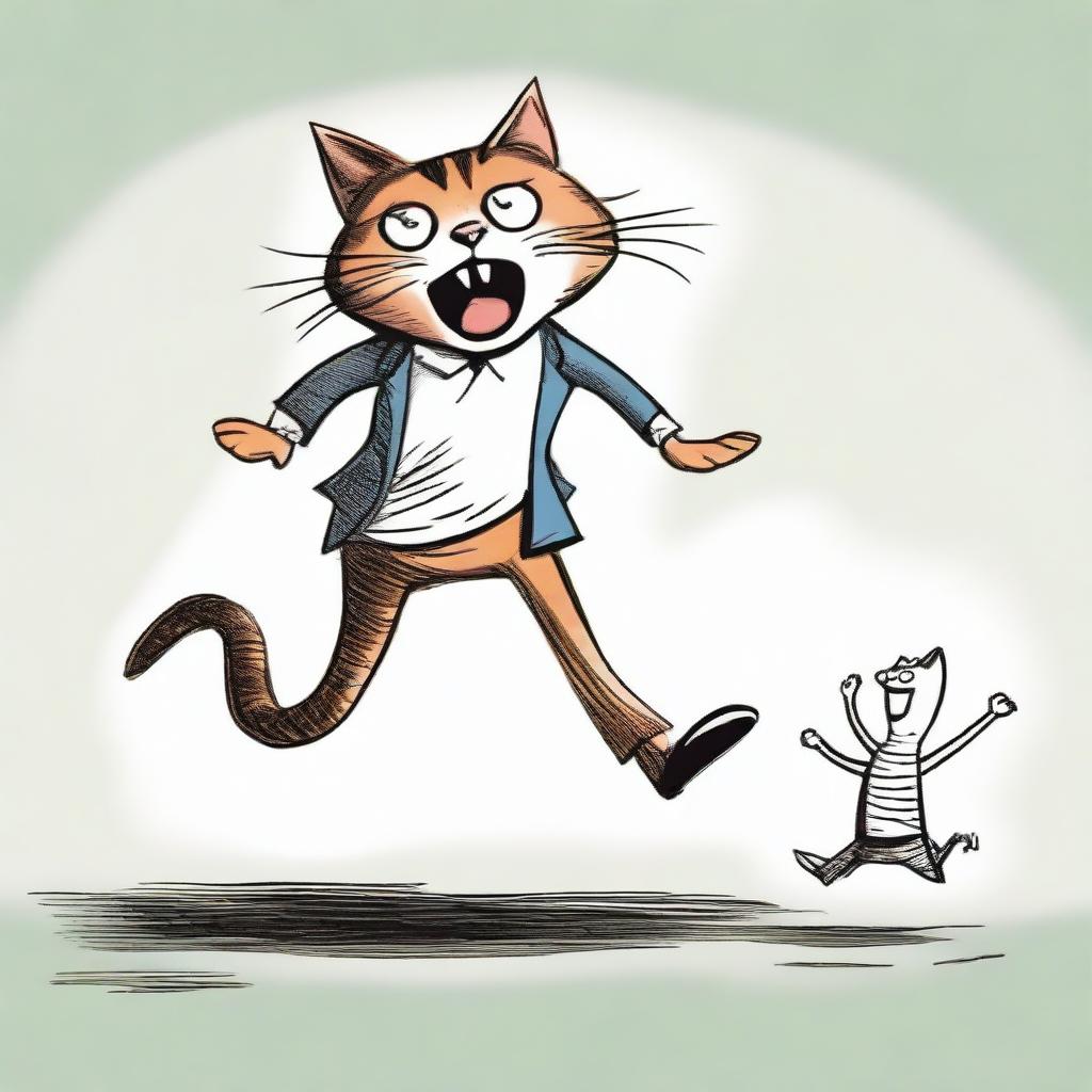 A giant, vivacious cat humorously kidnapping a surprised man