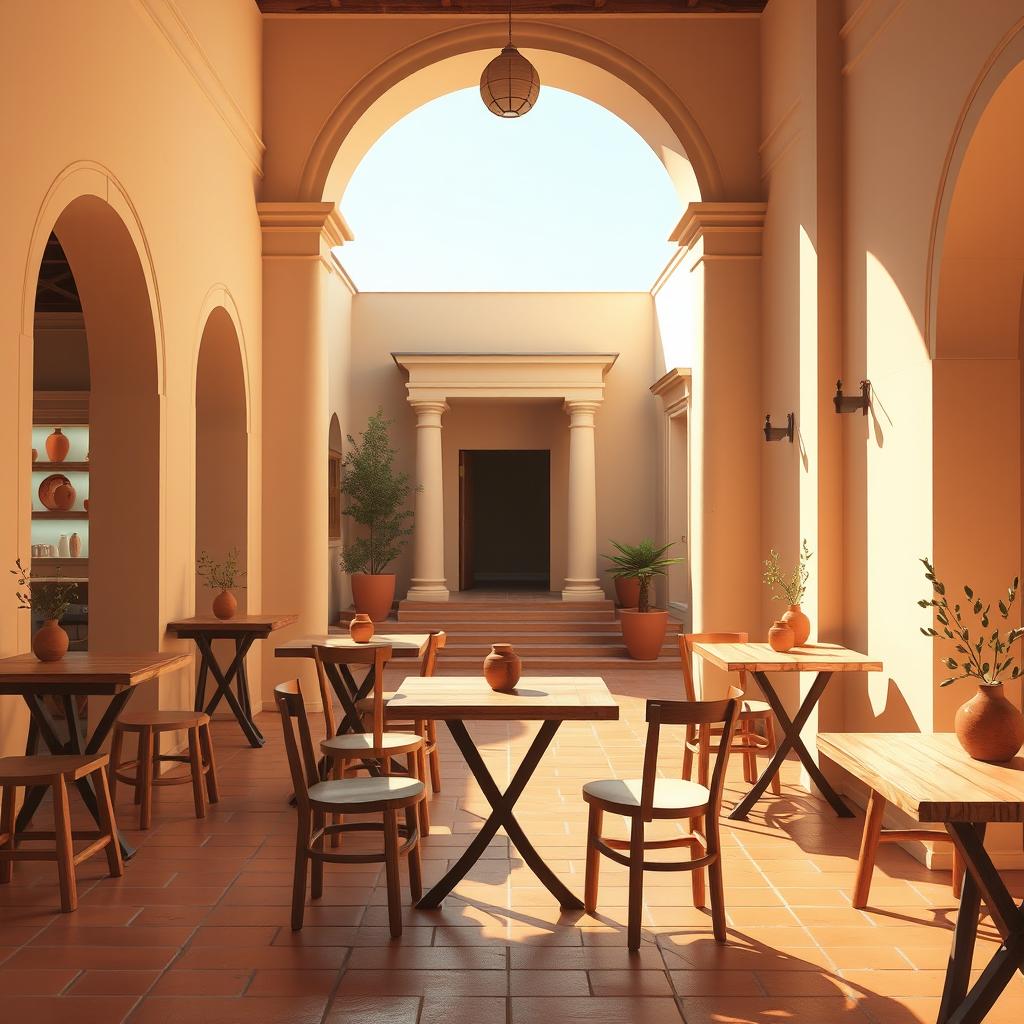 A minimalistic yet vibrant graphic image depicting the interior of an ancient cafe from the Hellenistic era of Greece