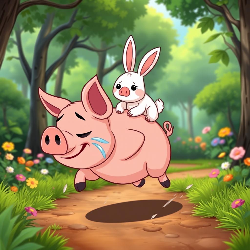 An animated cartoon scene set in a lush forest where a small pig, dripping with sweat, is sprinting down a path with great determination