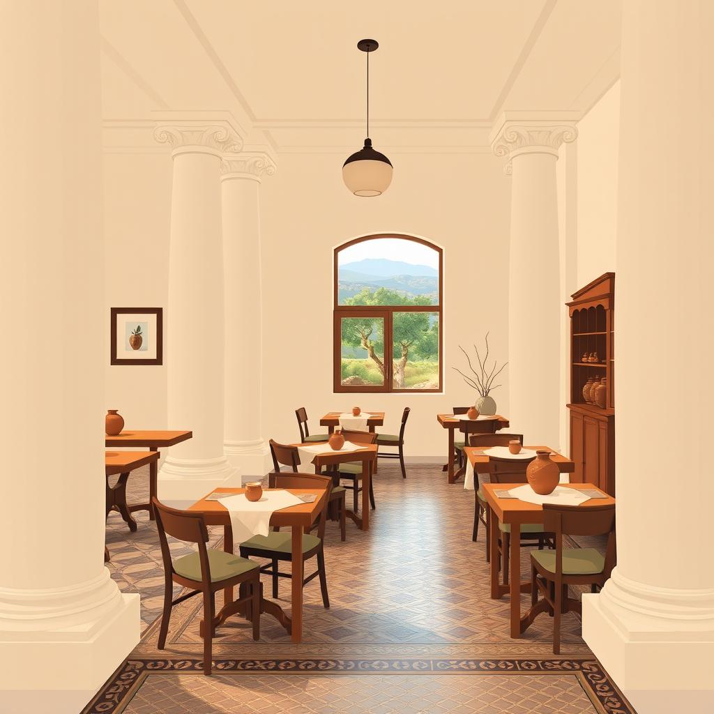 A minimalistic yet vibrant graphic image showcasing the interior of an ancient cafe set in the Hellenistic era of ancient Greece