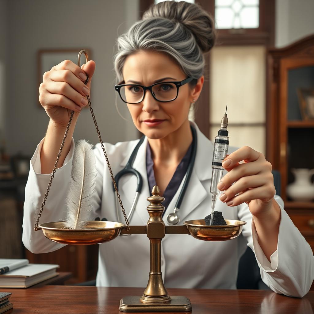 An attractive female doctor in her mid-fifties, with crescent glasses and a severe gray bun, situated in a soberly furnished doctor's office with stereotypical furnishings