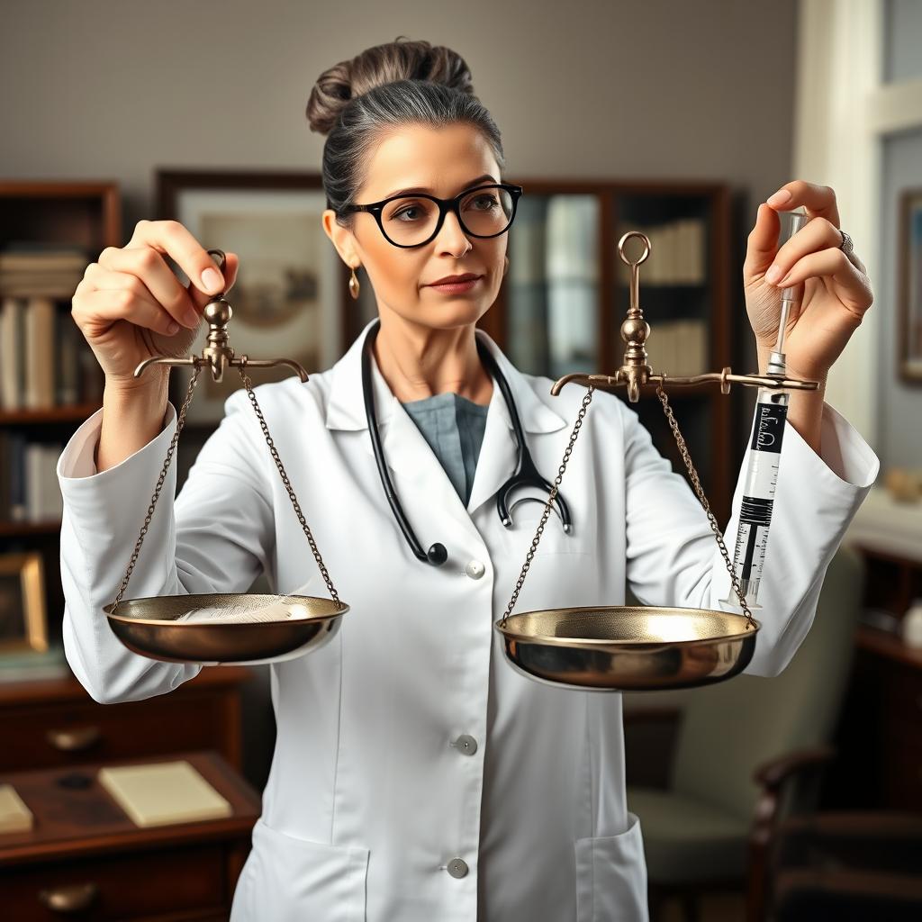 An attractive female doctor in her mid-fifties, featuring crescent glasses and a severe gray bun, stands in a soberly furnished doctor's office with stereotypical furnishings