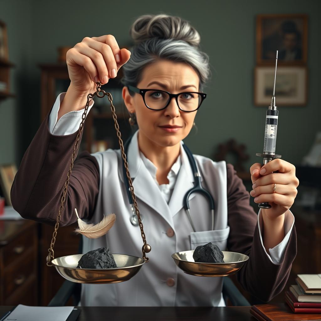 An attractive female doctor in her mid-fifties with crescent glasses and a severe gray bun, situated in a soberly furnished doctor's office with stereotypical furnishings