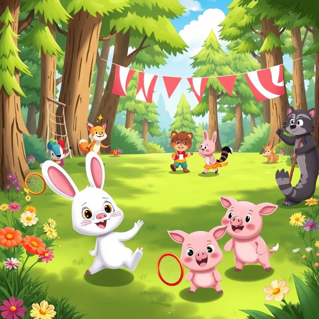 A vibrant animated cartoon scene depicting a lively forest sports event