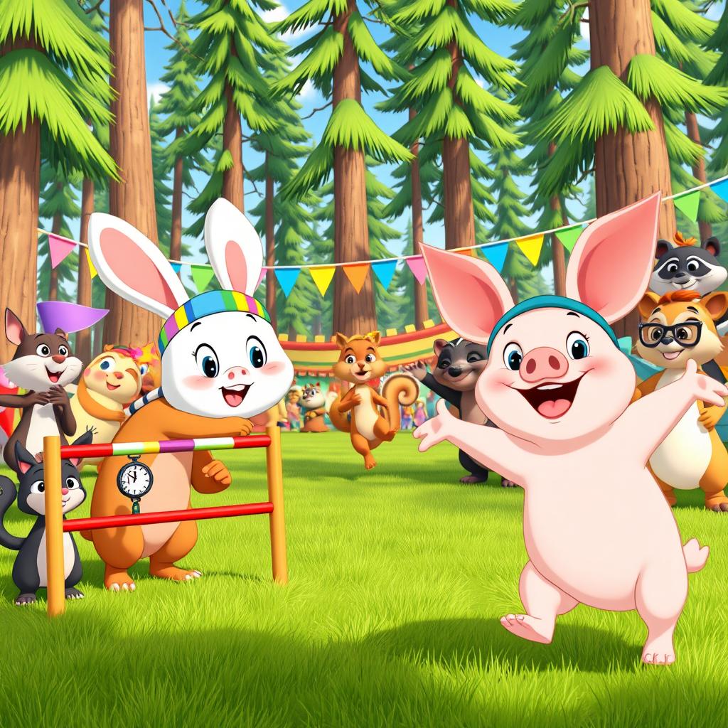 A vibrant animated cartoon scene set at a forest sports event