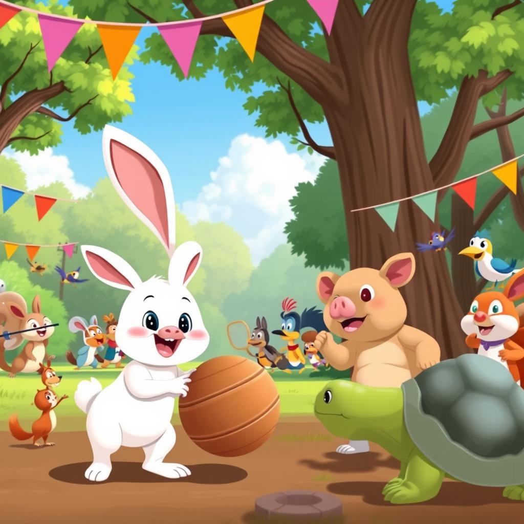 In a vibrant animated cartoon style, a lively scene at a forest sports day featuring a playful little white rabbit and a chubby little pig