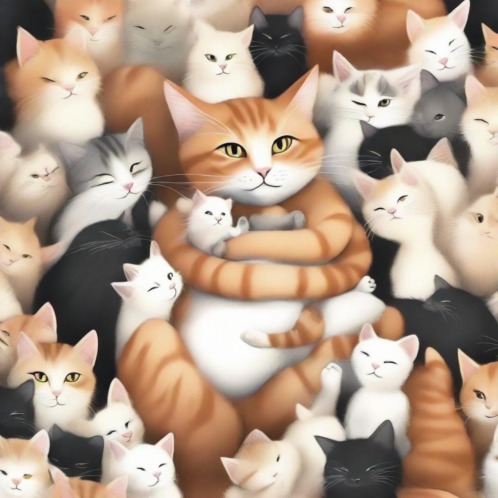 A caring cat in a crowd of felines, gently adopting a human baby