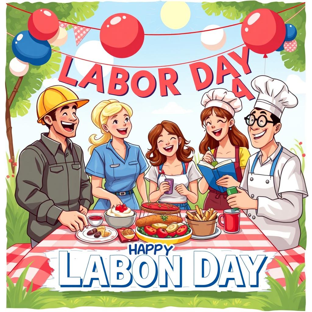 A vibrant illustration celebrating Labor Day, showcasing a diverse group of workers from various professions enjoying a festive outdoor picnic
