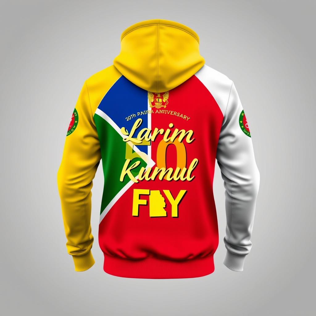 A stylish and eye-catching hoodie design celebrating a 50th Anniversary, featuring the vibrant colors of the Papua New Guinea flag prominently displayed on the front