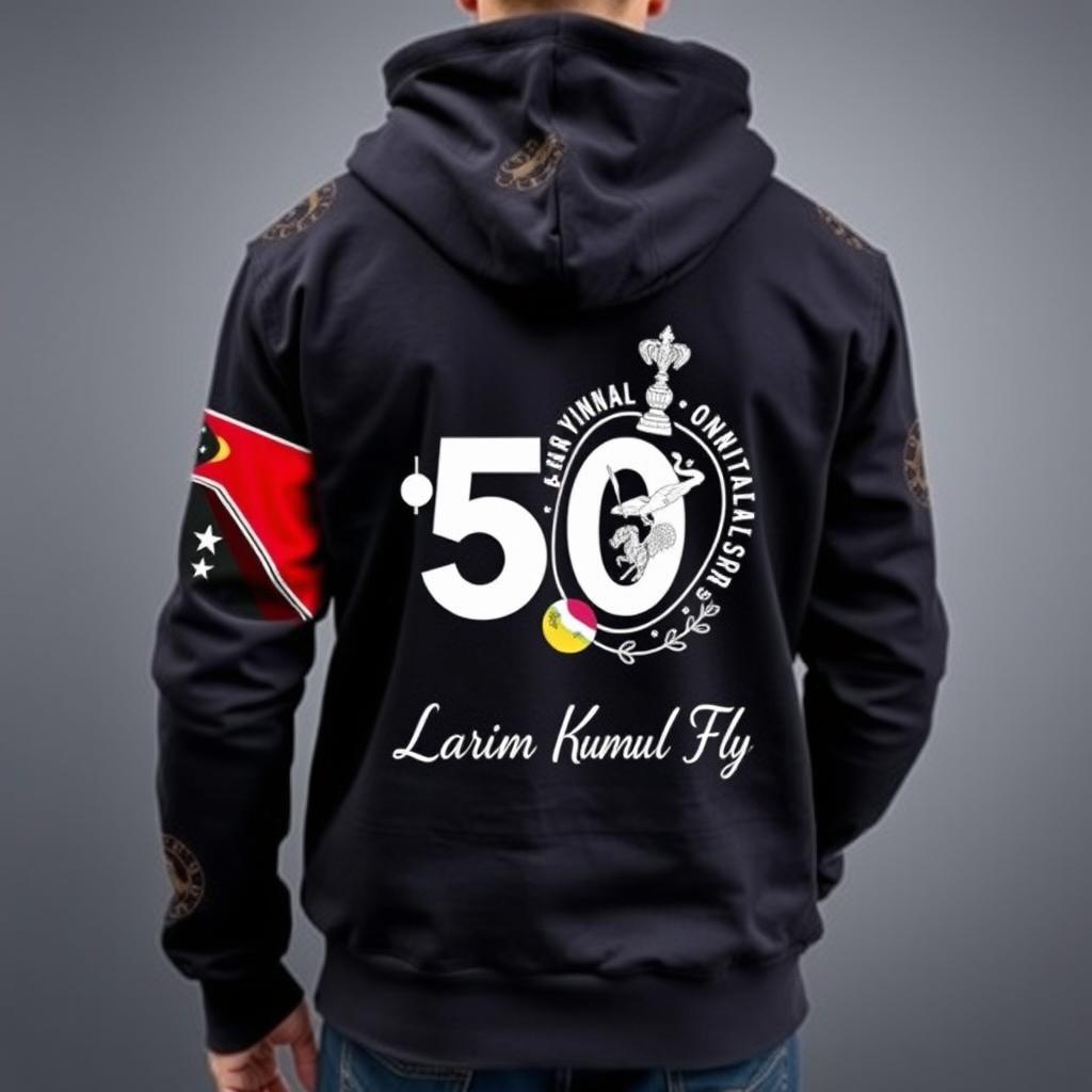 A striking 50th Anniversary design hoodie, featuring the Papua New Guinea flag prominently at the front