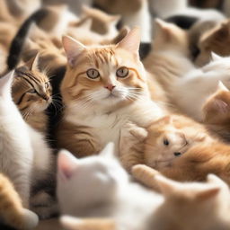 A caring cat in a crowd of felines, gently adopting a human baby