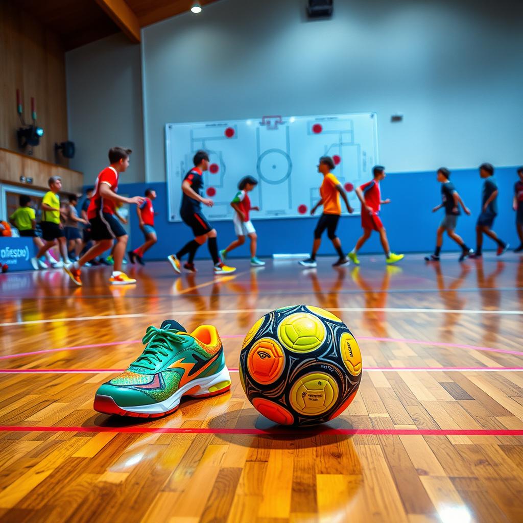 A vibrant futsal scene inside a spacious sports hall, showcasing the dynamic atmosphere of a futsal match