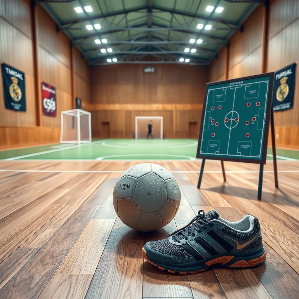 A vibrant indoor futsal scene set in a sports hall, showcasing a polished wooden floor and a lush green court surrounded by walls adorned with banners