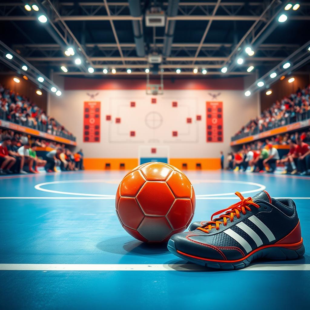 A vibrant indoor futsal arena filled with energy, showcasing a futsal court with clear markings, surrounded by excited spectators