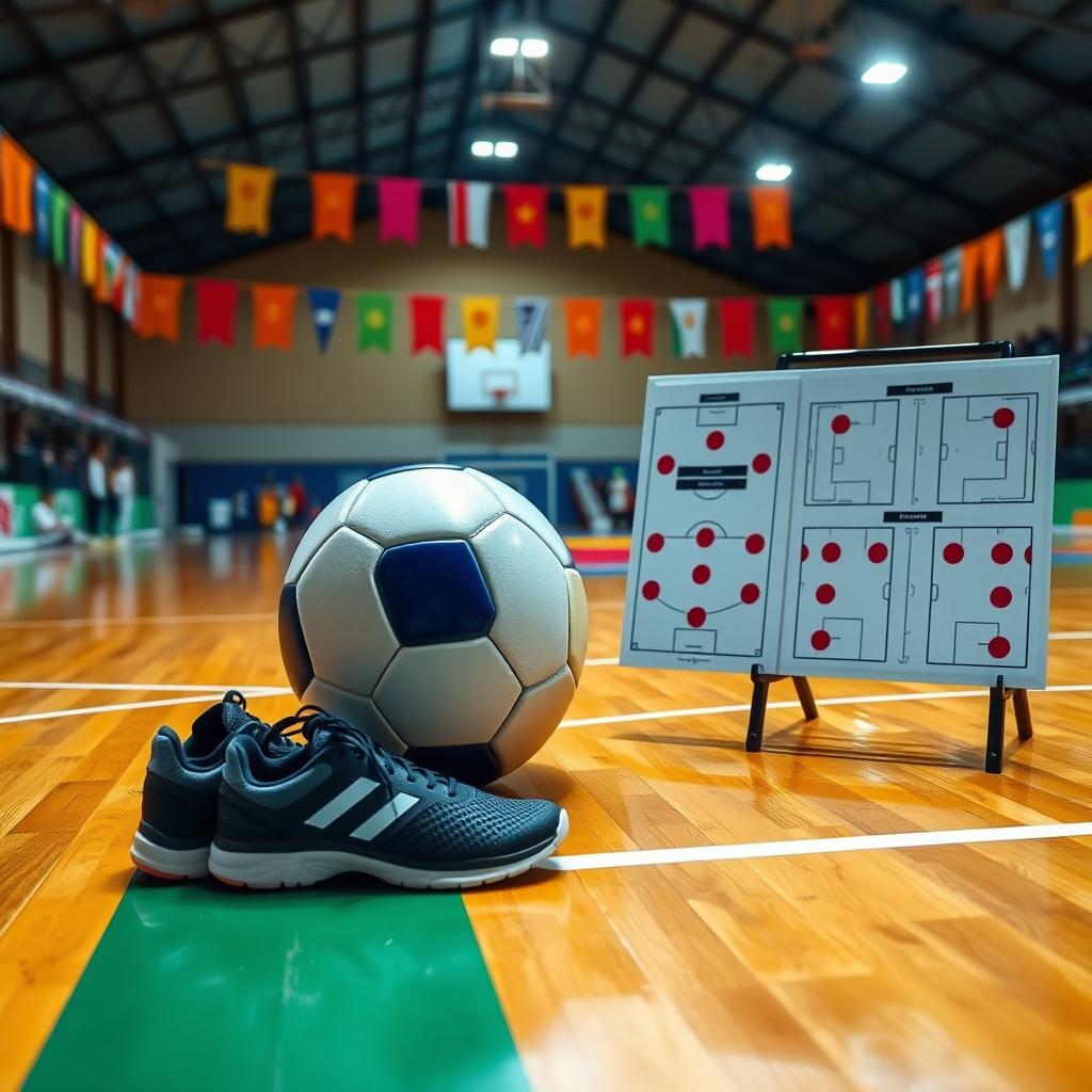 A vibrant indoor futsal court in a sports pavilion, featuring a sleek futsal ball at the center