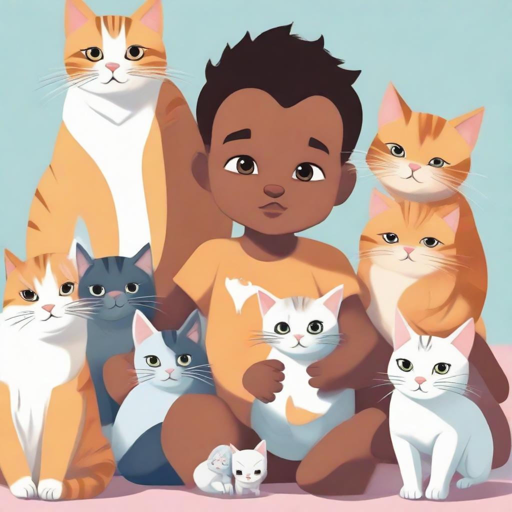 A human baby surrounded by diverse feline characters, at the center of a caring cat community