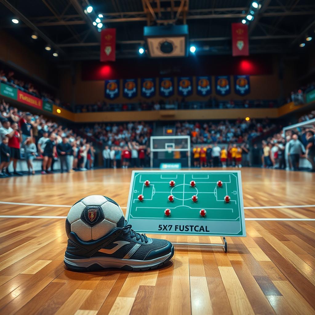 A vibrant indoor futsal arena showcasing an intense game atmosphere