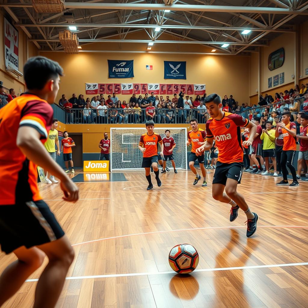A vibrant indoor futsal arena, showcasing a lively match in action