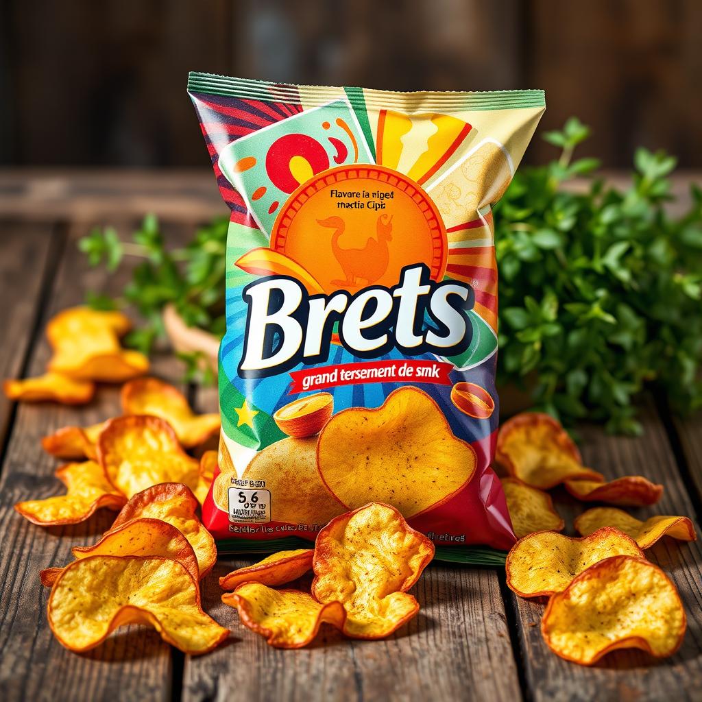 A stylish and appetizing display of a pack of Brets chips, flavored "grand terrassement de snk"