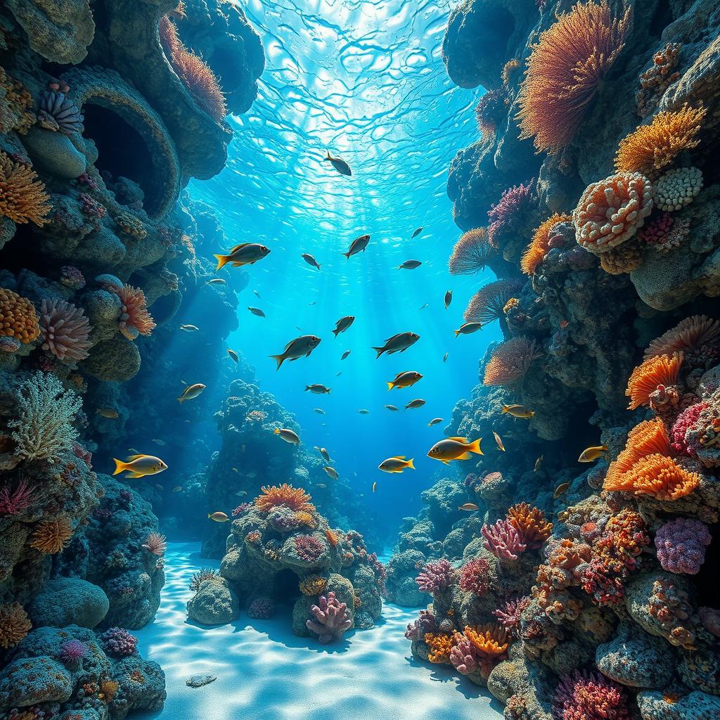 A stunning underwater scene depicting a vibrant coral reef environment, full of colorful corals and diverse marine life