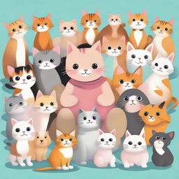 A human baby surrounded by diverse feline characters, at the center of a caring cat community