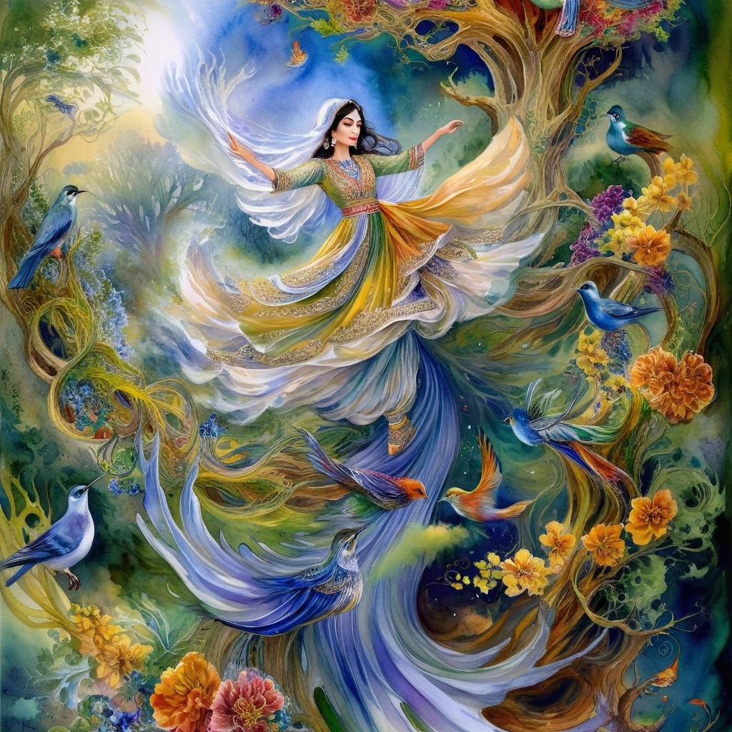 Mystical and spiritual watercolor painting of a beautiful Iranian woman in traditional dress suspended in the air in a swirl of multi-colored flowers, a maze of asymmetrical bonsai trees, a whirlwind of beautiful birds, and a forest of grapevines in a spectrum of green, yellow, and blue