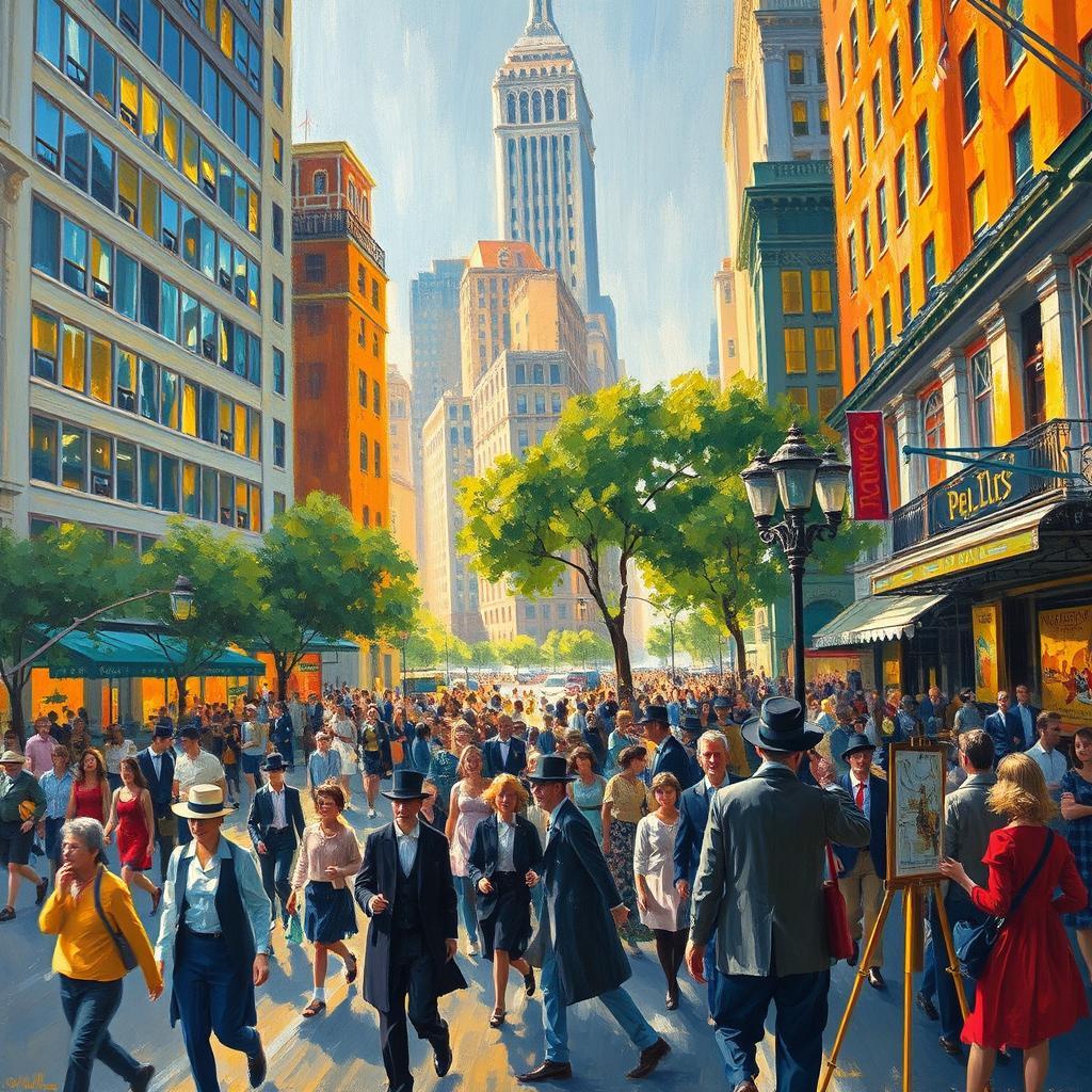 An impressionist painting capturing a bustling cityscape, filled with vibrantly colored buildings, busy streets, and lively people in motion