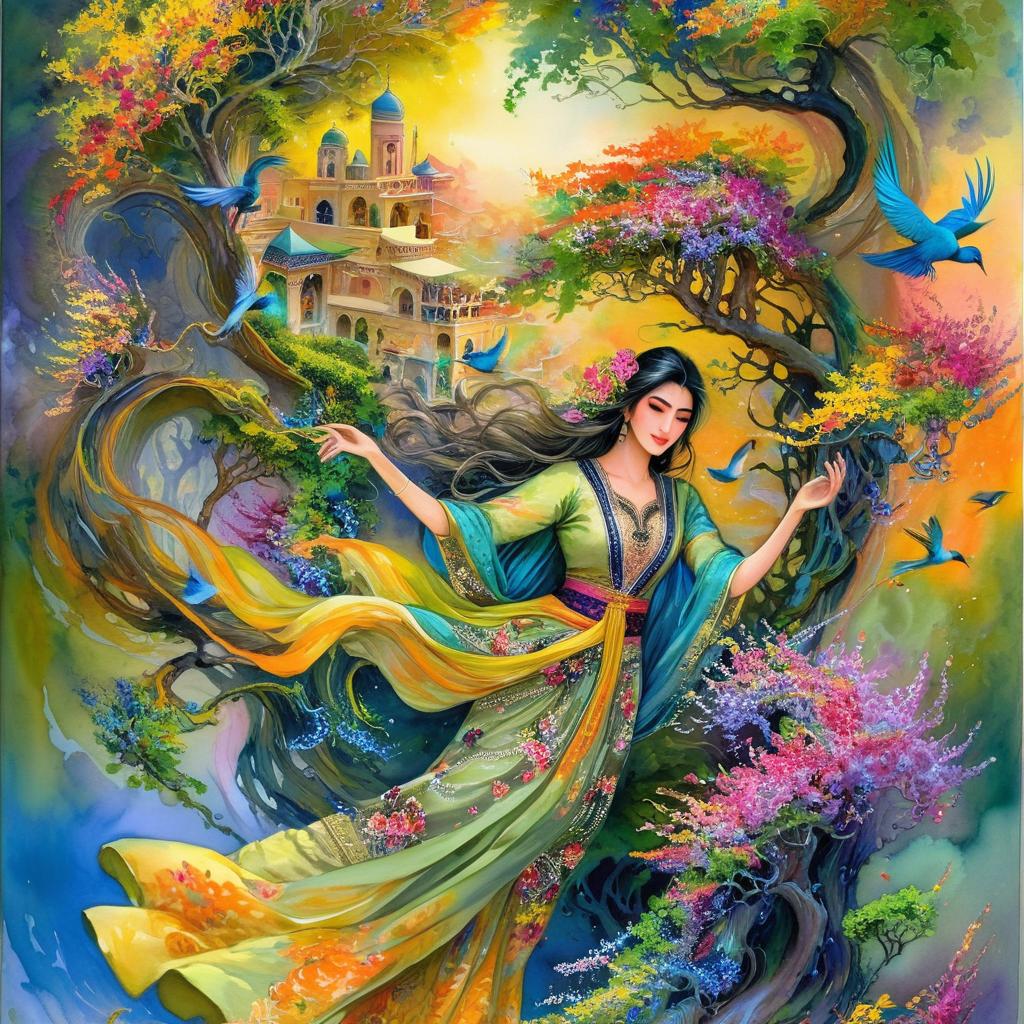 Impressionist painting of a bustling cityscapeMystical and spiritual watercolor painting of a beautiful Iranian woman in traditional dress suspended in the air in a swirl of multi-colored flowers, a maze of asymmetrical bonsai trees, a whirlwind of beautiful birds, and a forest of grapevines in a spectrum of green, yellow, and blue