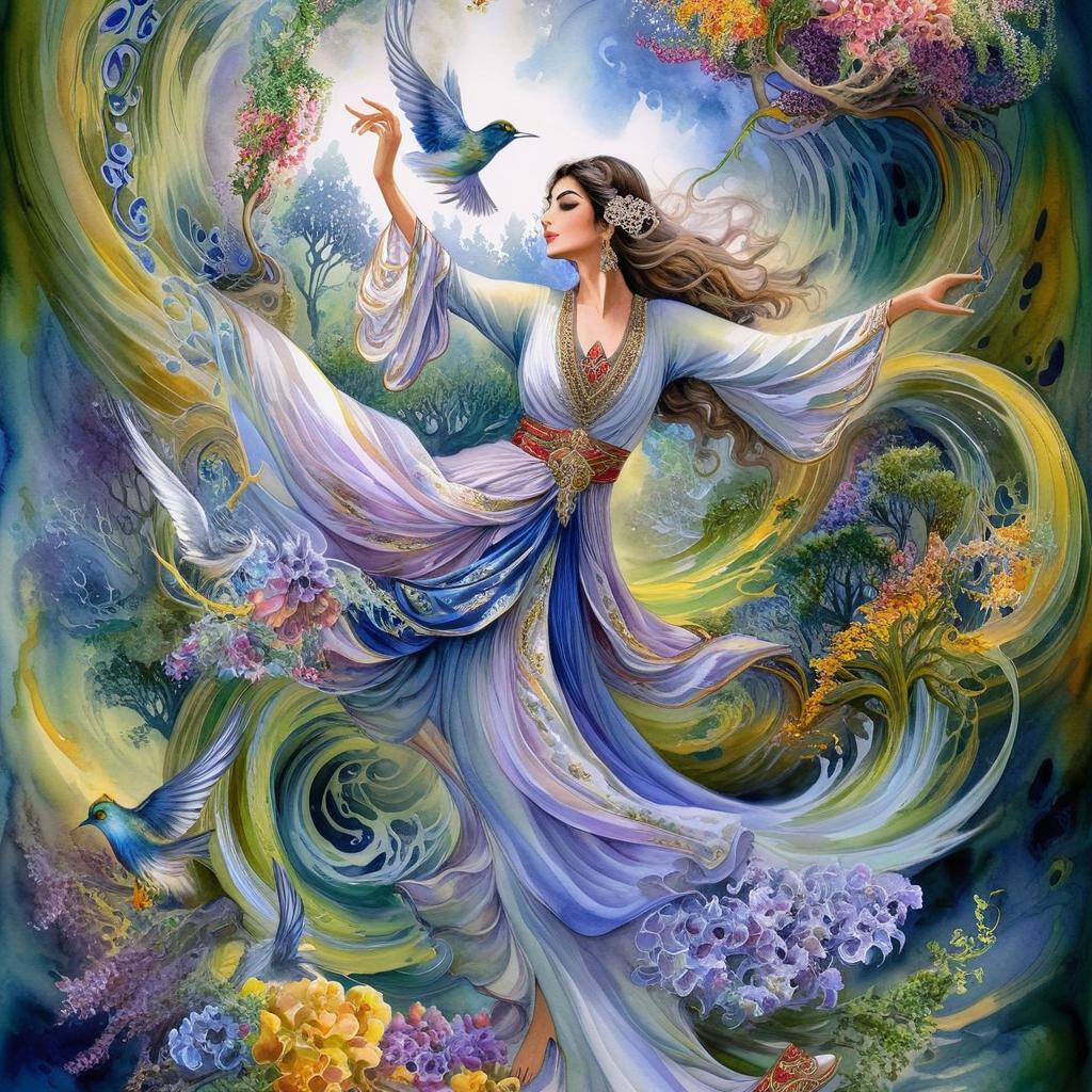 Mystical and spiritual watercolor painting of a beautiful Iranian woman in traditional dress suspended in the air in a swirl of multi-colored flowers, a maze of asymmetrical bonsai trees, a whirlwind of beautiful birds, and a forest of grapevines in a spectrum of green, yellow, and blue