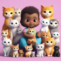 A human baby surrounded by diverse feline characters, at the center of a caring cat community