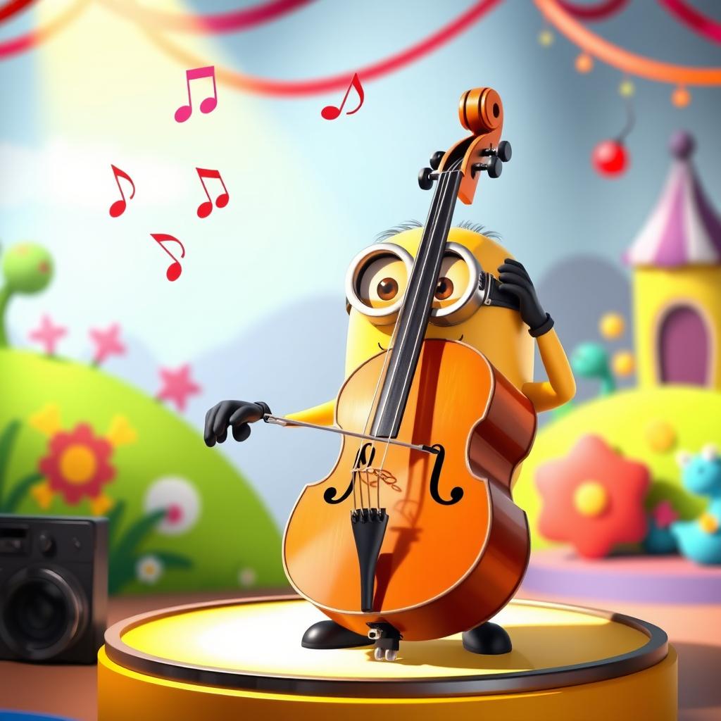 A cute and playful minion character from Despicable Me, joyfully playing a cello in a bright and colorful setting