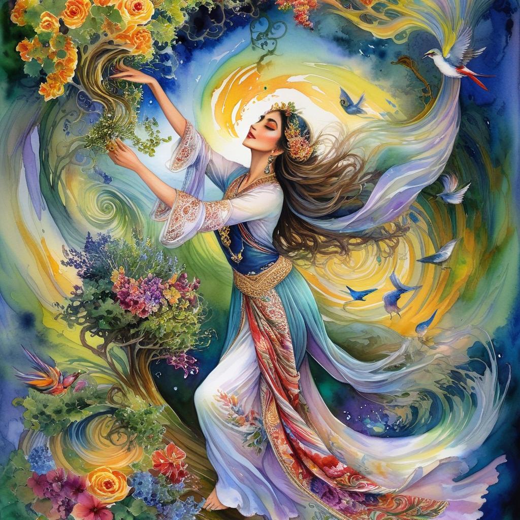Mystical and spiritual watercolor painting of a beautiful Iranian woman in traditional dress suspended in the air in a swirl of multi-colored flowers, a maze of asymmetrical bonsai trees, a whirlwind of beautiful birds, and a forest of grapevines in a spectrum of green, yellow, and blue